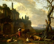 Крестьяне с крупным рогатым скотом в руинах